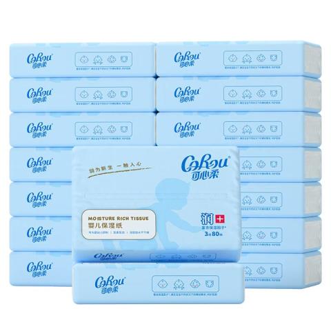 可心柔 V9婴儿保湿纸巾母婴乳霜纸柔纸巾80抽16包餐巾纸卫生纸纸面巾京东此款目前活动售价55.2元，参与满40元减2元，立减15%优惠活动，下单1件，实付低至44.9元